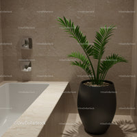 Green Tropical Palm Plant in Stylish Black Pot in Modern Bathroom