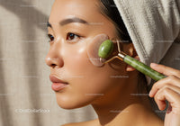 Close-Up of Woman Using Jade Roller for Facial Skincare and Relaxation