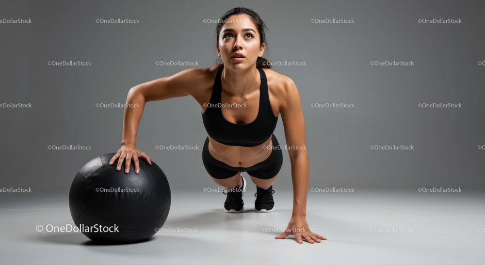 Female in Workout Clothes Performing Push-Up with Medicine Ball