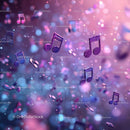 Vibrant Floating Musical Notes with Glitter Confetti in a Festive Scene