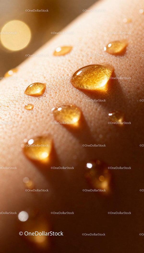 Golden serum droplets on smooth skin close-up