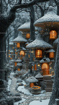 Enchanted Snowy Forest with Illuminated Fairy Tale Mushroom Houses