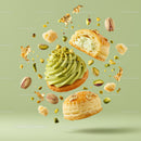 Delicate pistachio cream puff with nuts and gold flakes