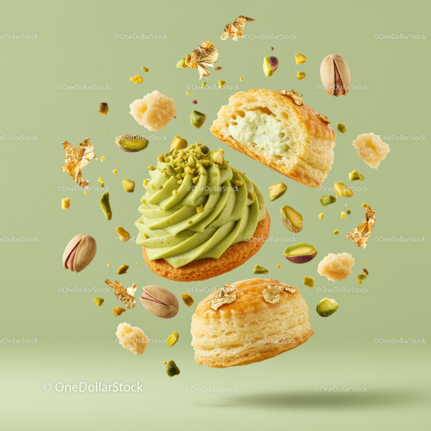 Delicate pistachio cream puff with nuts and gold flakes