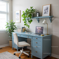Modern Home Office with Blue Desk and Green Houseplants