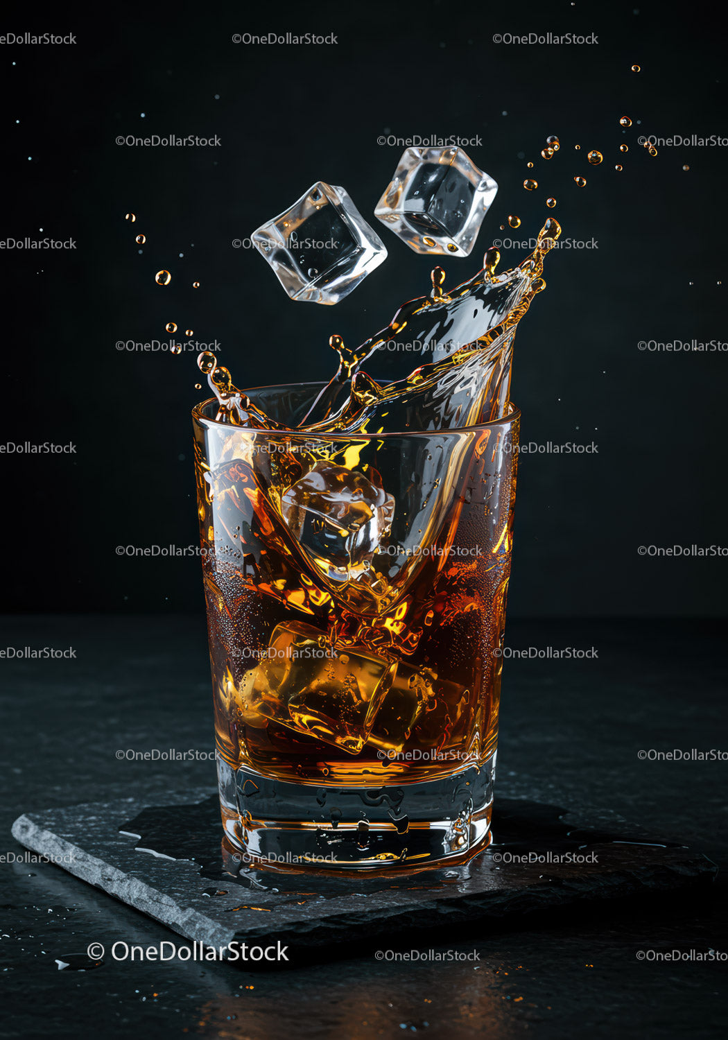 Glass of whiskey with ice cubes splash on black background