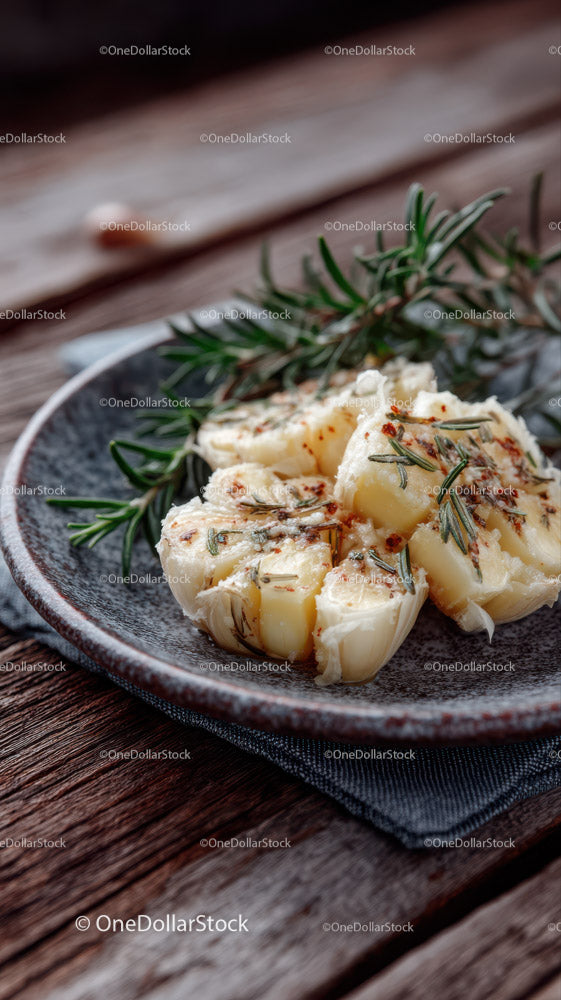 Roasted Garlic and Rosemary on Rustic Wooden Table