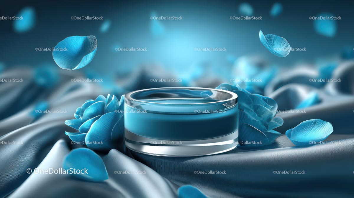 Elegant Blue Cosmetic Jar Among Delicate Petals