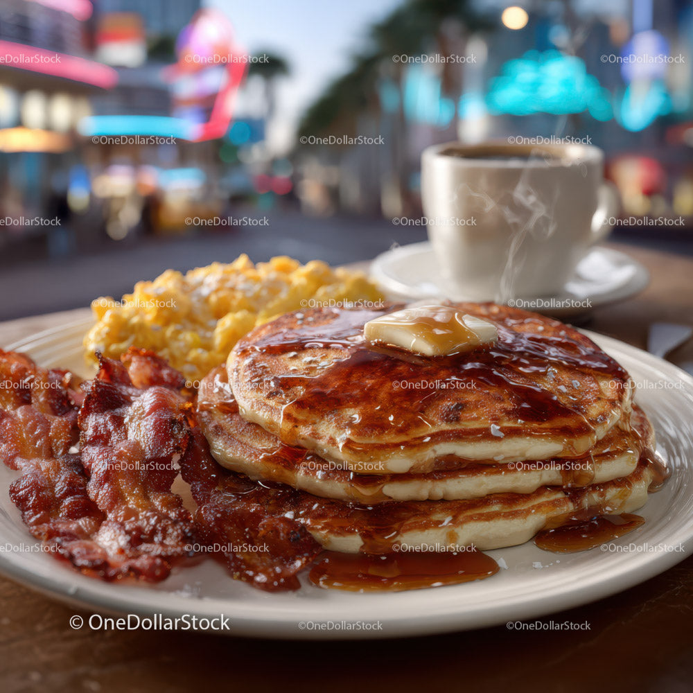 Sweet Pancakes with Bacon and Maple Syrup on a Breakfast Plate