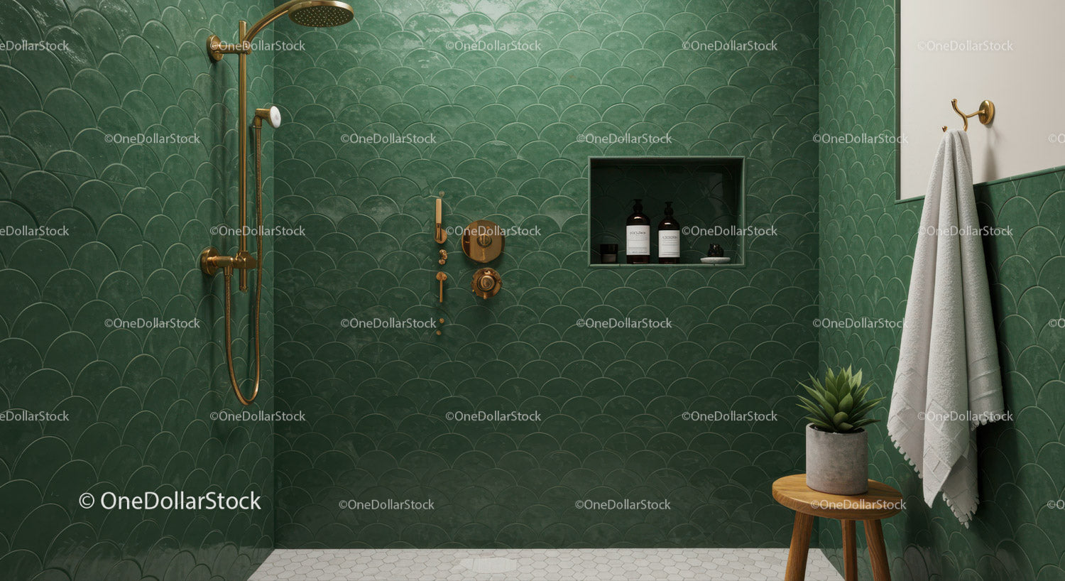 Modern shower with green scalloped tiles and brass fixtures