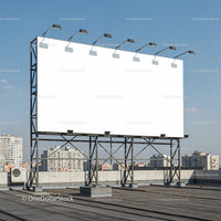 Blank billboard on urban rooftop with city skyline
