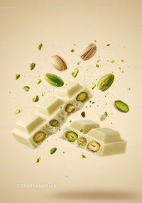 Broken white chocolate bar with crunchy pistachios