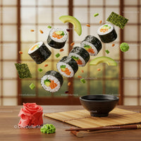 Fresh sushi rolls with avocado and dipping sauce