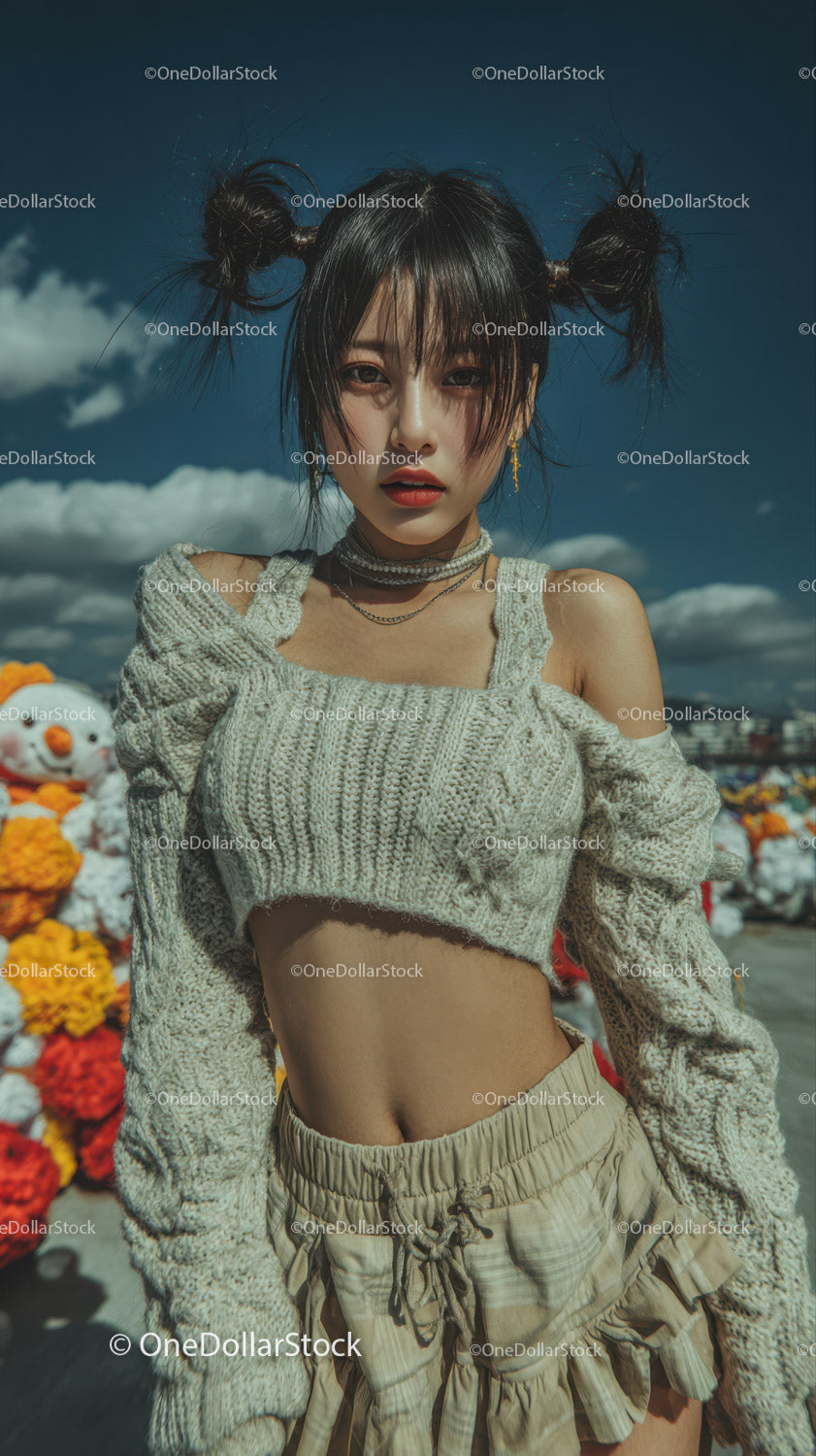 Young Fashion Model in Crop Top and Shorts at Flower Market