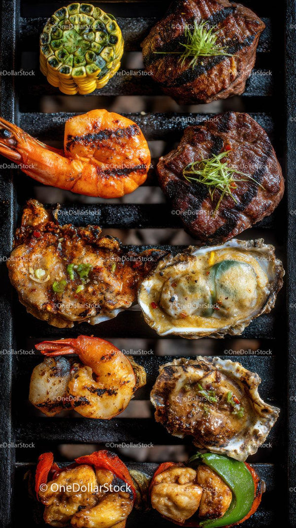 Gourmet Seafood and Steak Platter with Grilled Vegetables and Shellfish