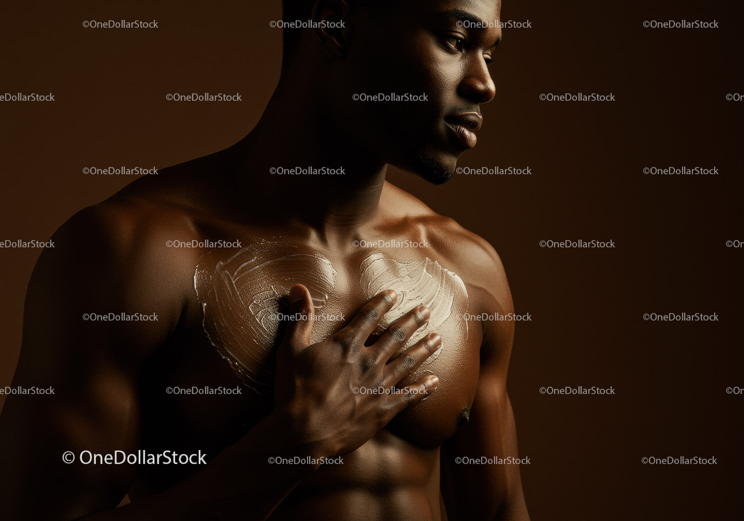 Muscular Man Applying Cream to Chest with Dramatic Lighting