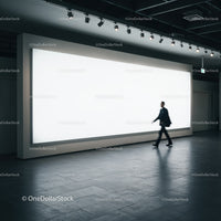 Businessman walking past large illuminated advertisement panel