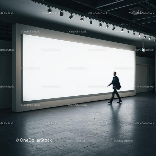 Businessman walking past large illuminated advertisement panel JPG Mockup Image