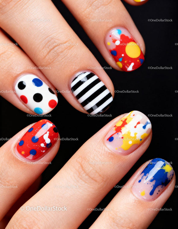 Creative colorful nail art designs on closeup fingers