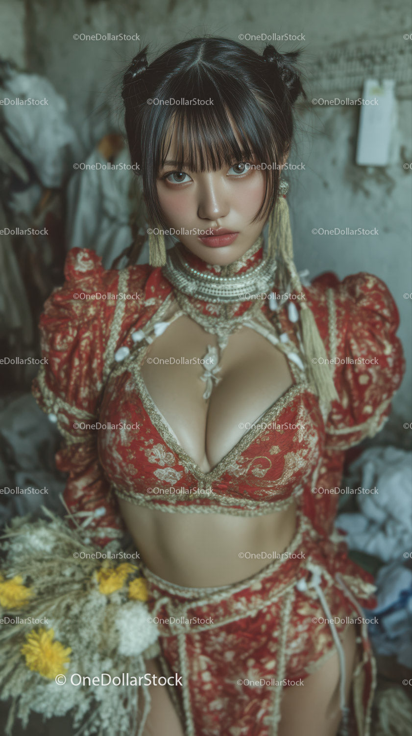 Fashionable Young Woman in Red Ornate Dress with Modern Hair Style