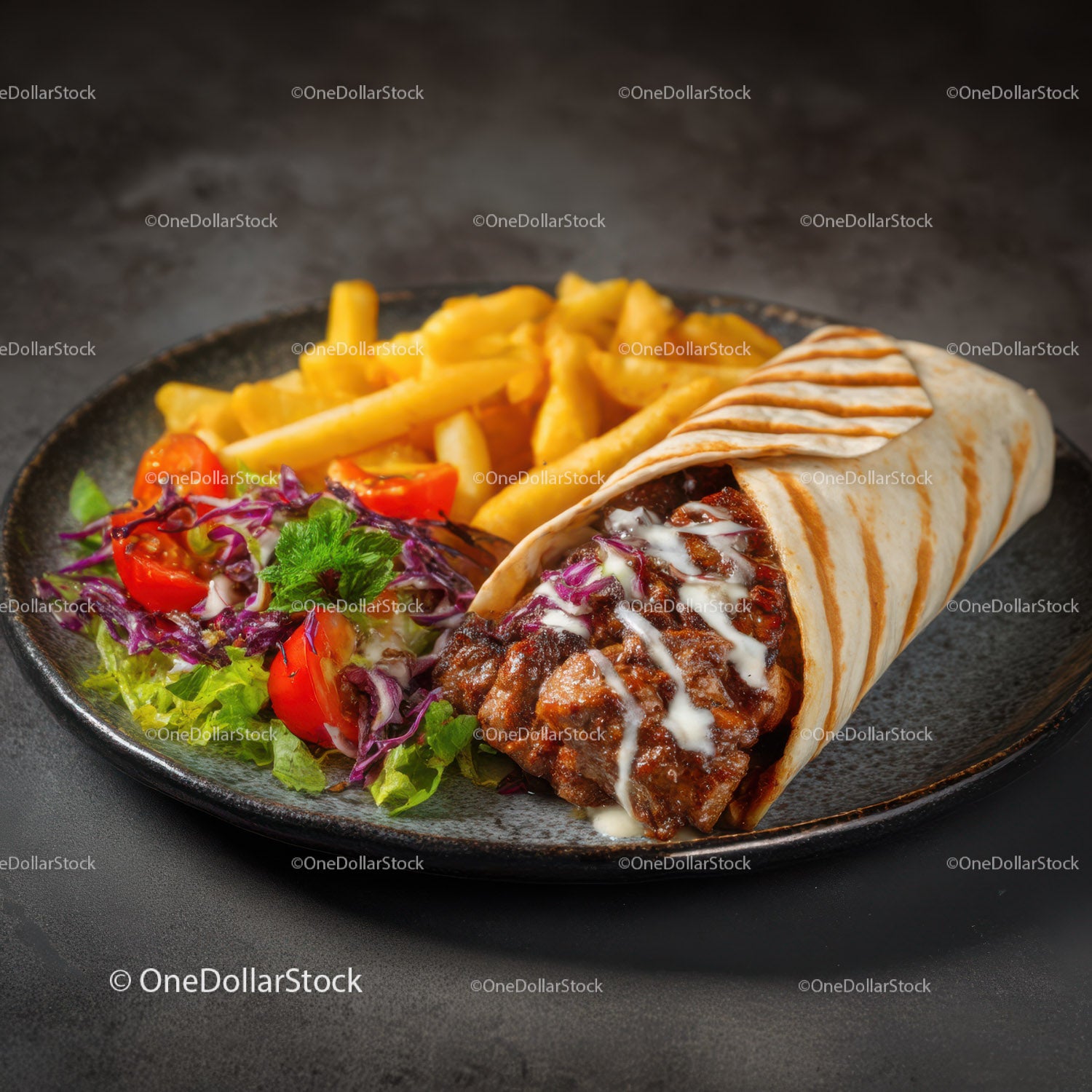 Colorful Beef Burrito with Fresh Vegetables and Crispy Fries