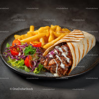 Colorful Beef Burrito with Fresh Vegetables and Crispy Fries