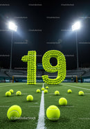 Number nineteen formed with tennis balls on court
