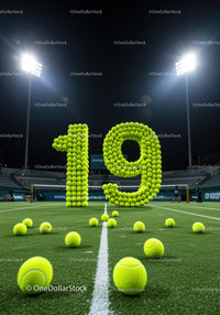 Number nineteen formed with tennis balls on court