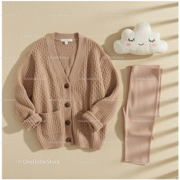 Cozy knitted cardigan and soft leggings with cute pillow