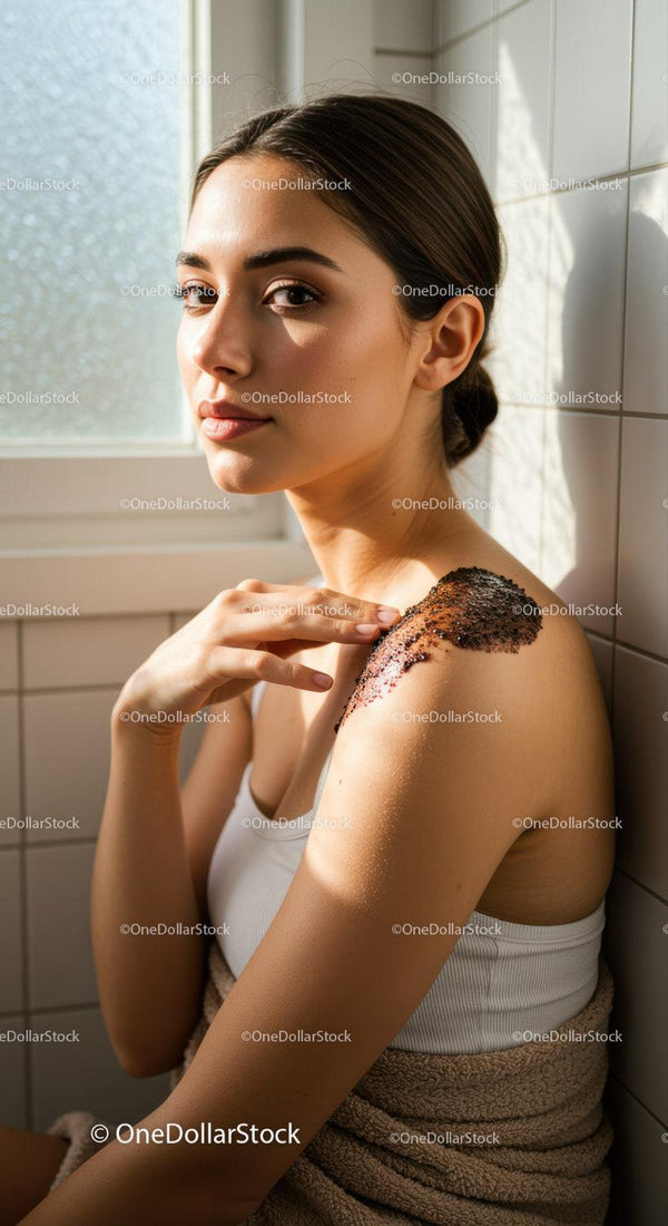 Young woman applying coffee scrub for glowing skin