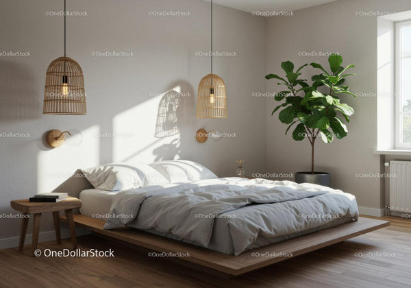 Minimalist bedroom with natural light and greenery