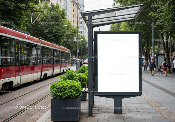 Modern tram stop with blank advertising panel in city JPG Mockup Image
