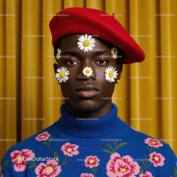 Fashion portrait with daisies and red beret against yellow curtain