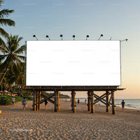 Empty Billboard on Tropical Beach at Sunset