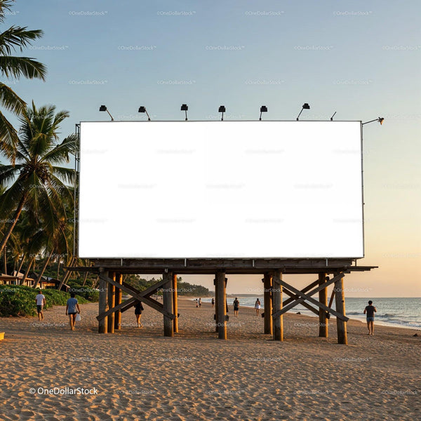 Empty Billboard on Tropical Beach at Sunset JPG Mockup Image