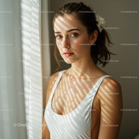 Elegant Woman with Sunlight Shadows in Bright Indoor Setting