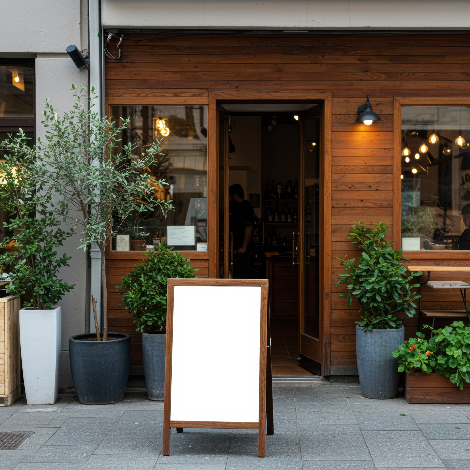 Cozy cafe entrance with blank wooden signboard and plants