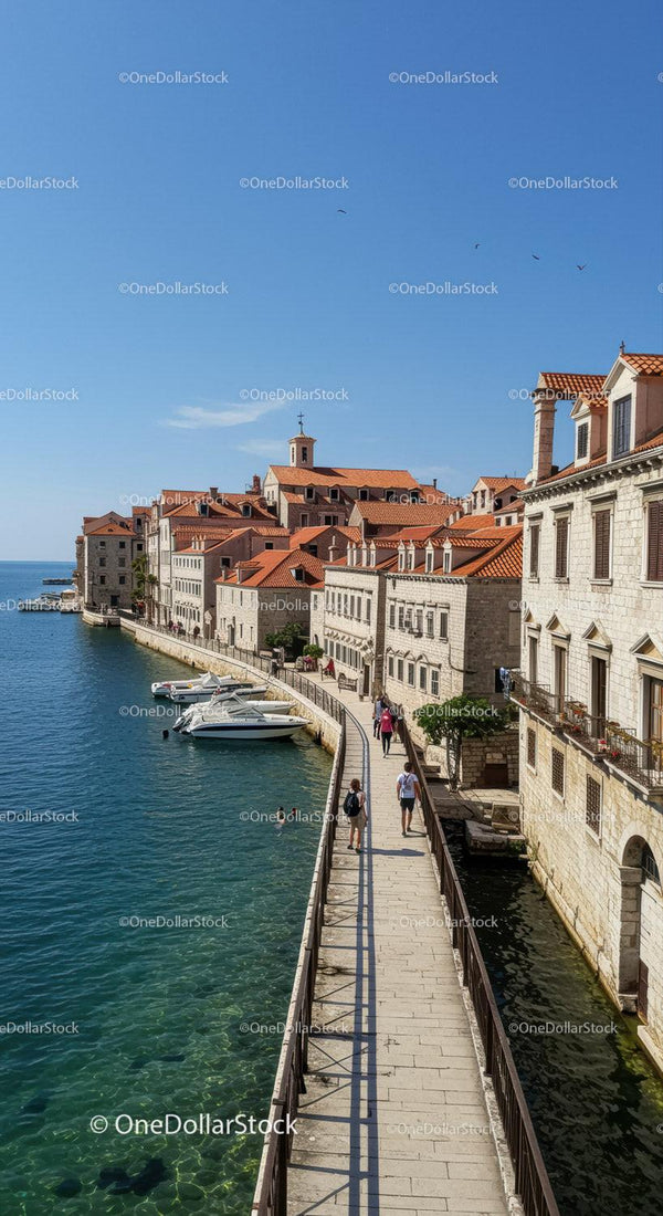 Charming Coastal Town with Historic Buildings and Waterfront Promenade