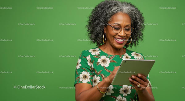 Smiling Woman Using a Digital Tablet in a Floral Dress