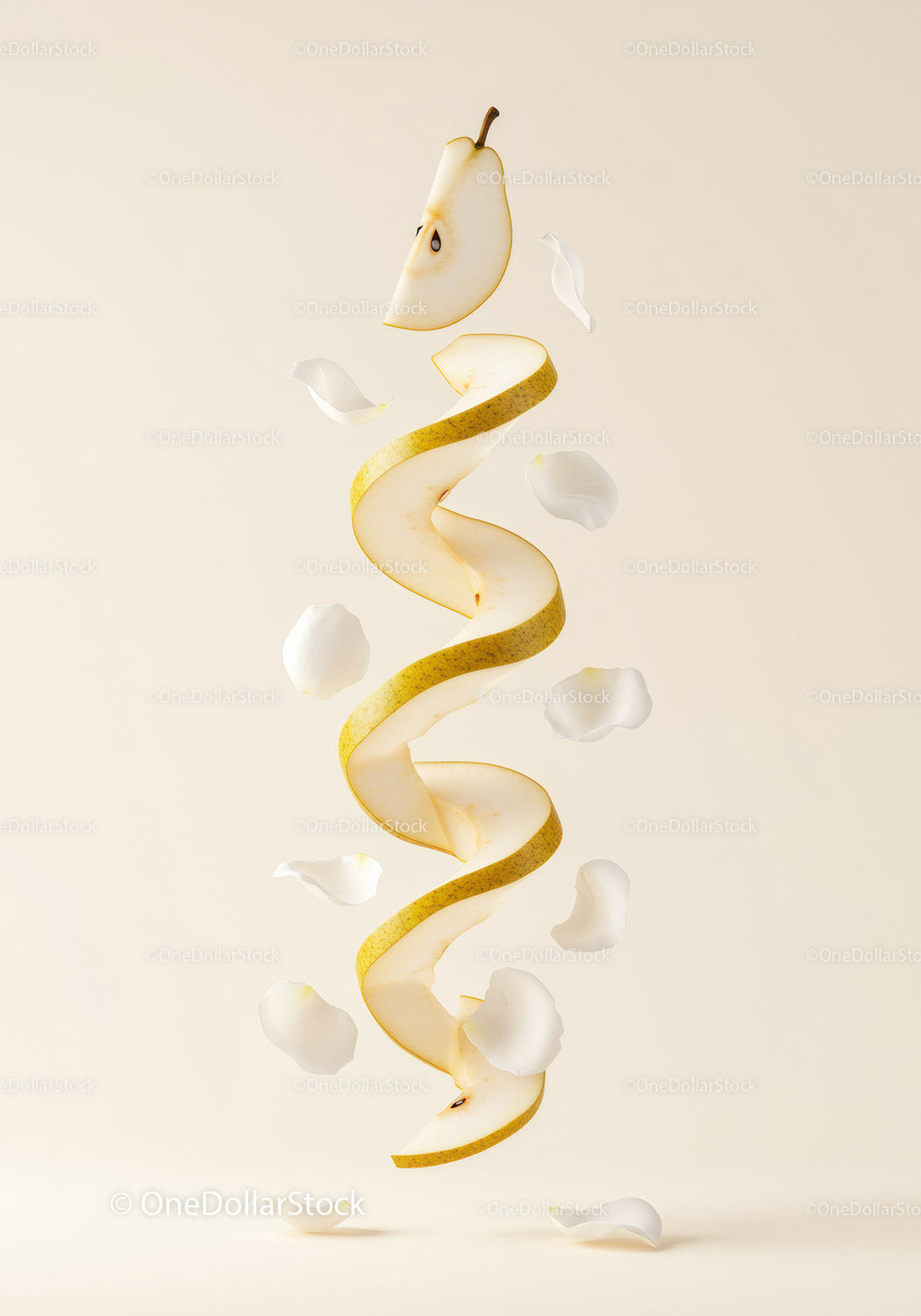Delicate pear spiral with floating white petals