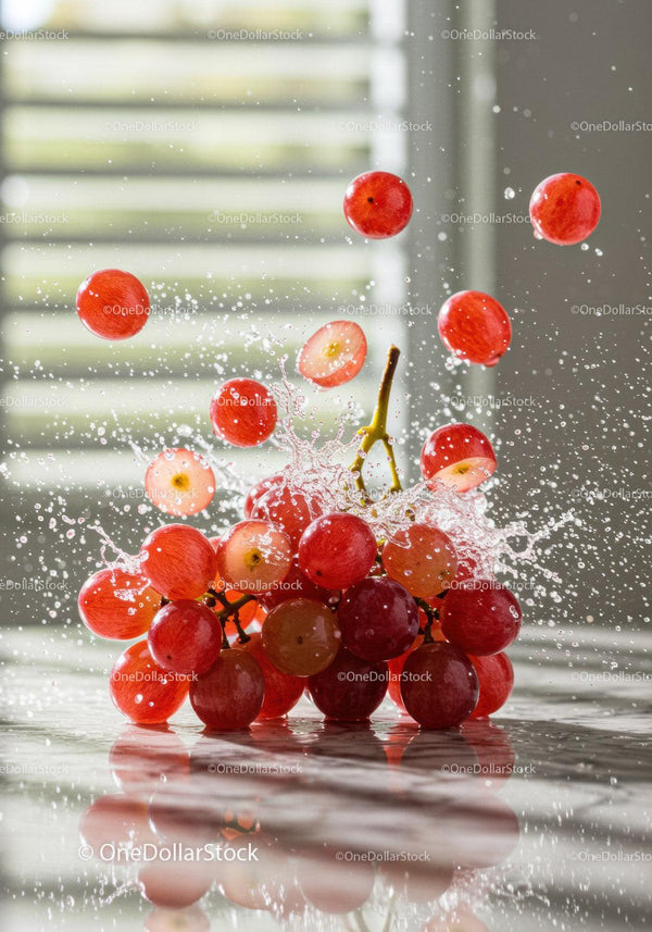 Fresh red grapes splashing in clear water drops