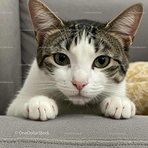 Curious tabby cat lying on gray sofa close up