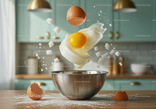 Raw egg and sugar cubes suspended over mixing bowl