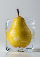 Fresh yellow pear encased in clear ice block