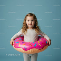Little girl standing with a colorful donut float ring