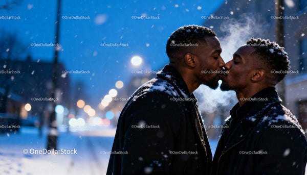 Couple Sharing a Tender Kiss in Snowy Evening Glow