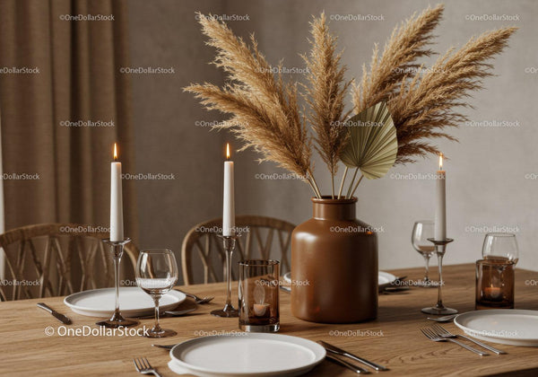 Elegant Dining Room with Pampas Grass and Candlelit Ambiance