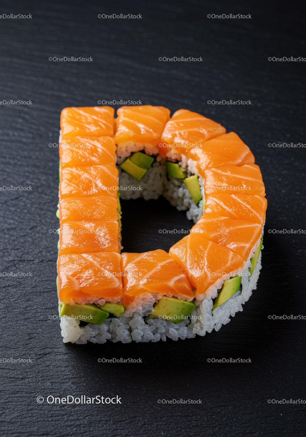Creative sushi rolls shaped like letter D with salmon
