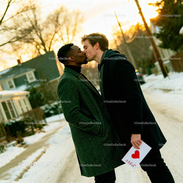 Romantic winter kiss between two men with Valentine card