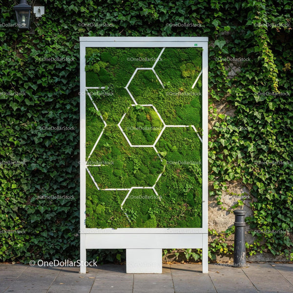 Botanical Moss Art Display with Hexagonal Design in Urban Garden JPG Mockup Image